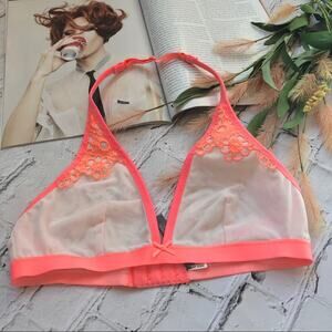 Aerie Neon Orange Embroidered Lace Sheer Bikini Top Women Size XS